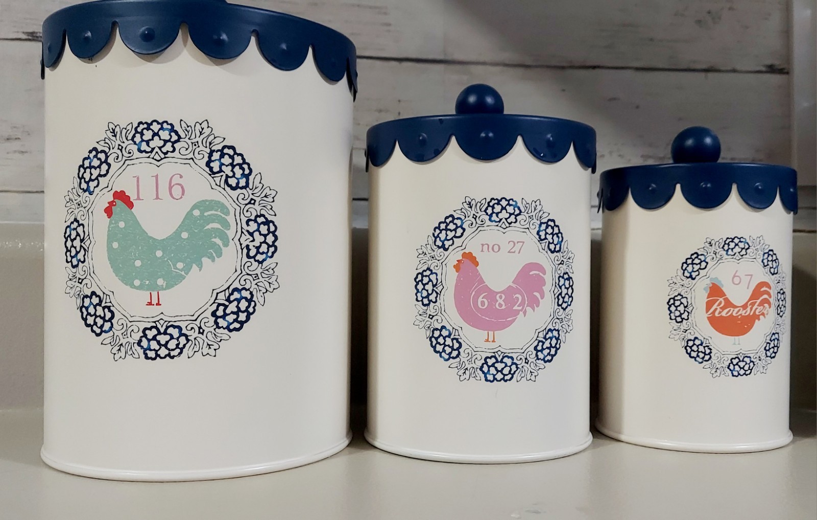 3 Matching Large,Medium & Small Tin Canisters  Navy Lid Rooster Farm Decor