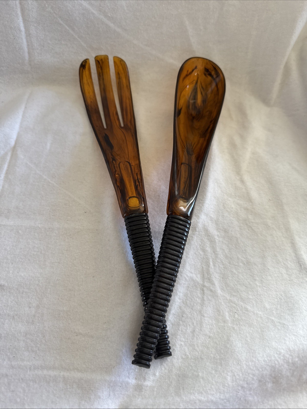 Vtg MCM STYSON ART PROD. CO. N.Y. MODERNIST SALAD Fork Spoon Acrylic Brown Swirl