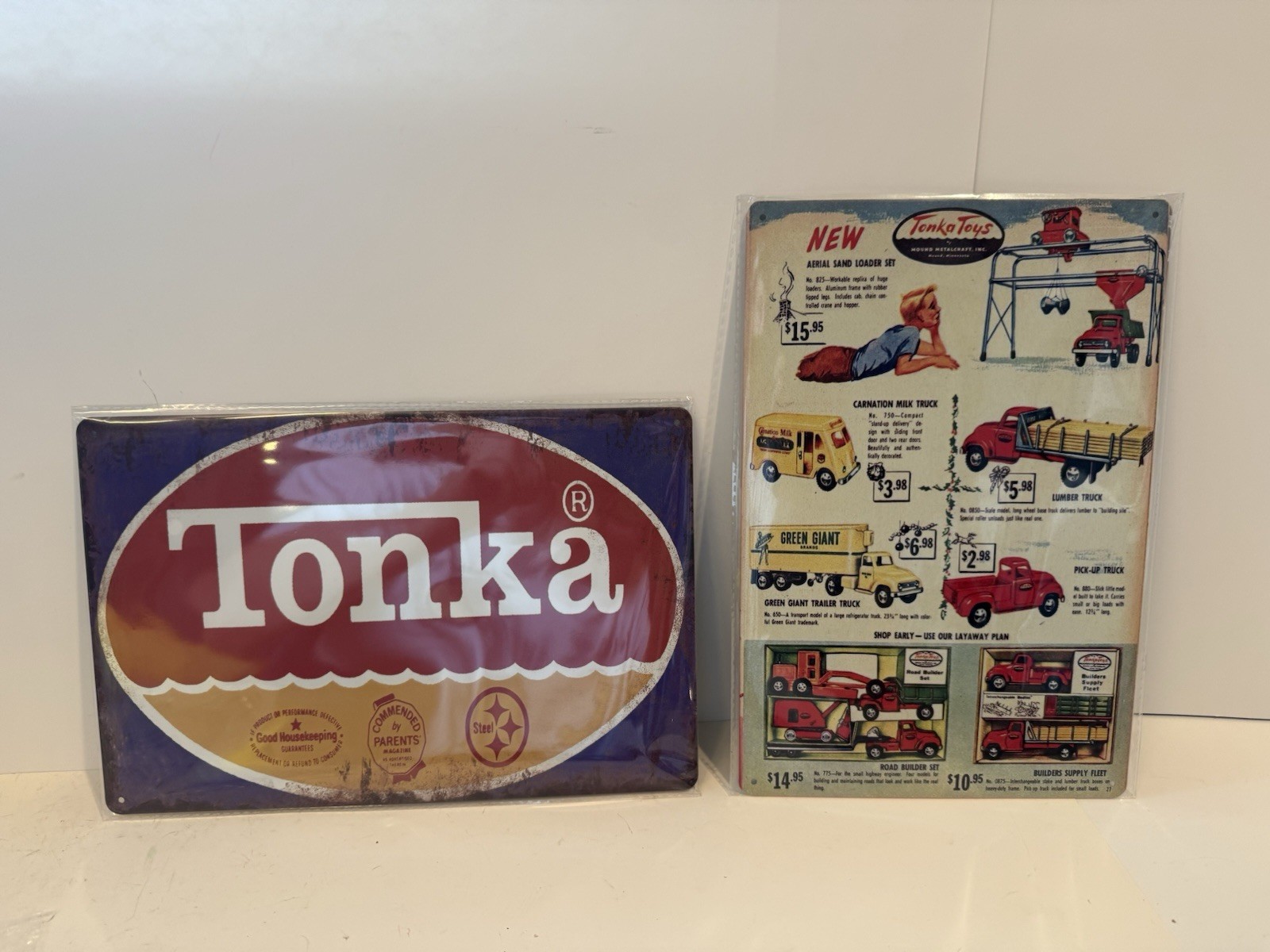 Tonka Toys Tin Signs Store Ads Pick Up Green Giant Dump Trailer Aerial Sand Set