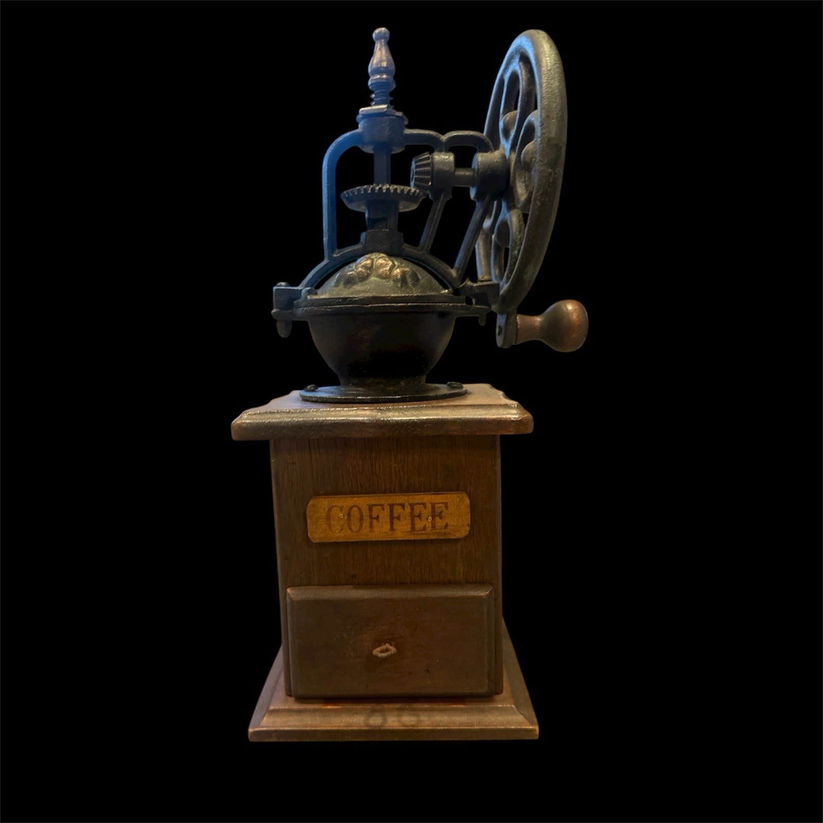 Vintage Antique Hand Wood Coffee Grinder Iron Crank Handle with Drawer 12”