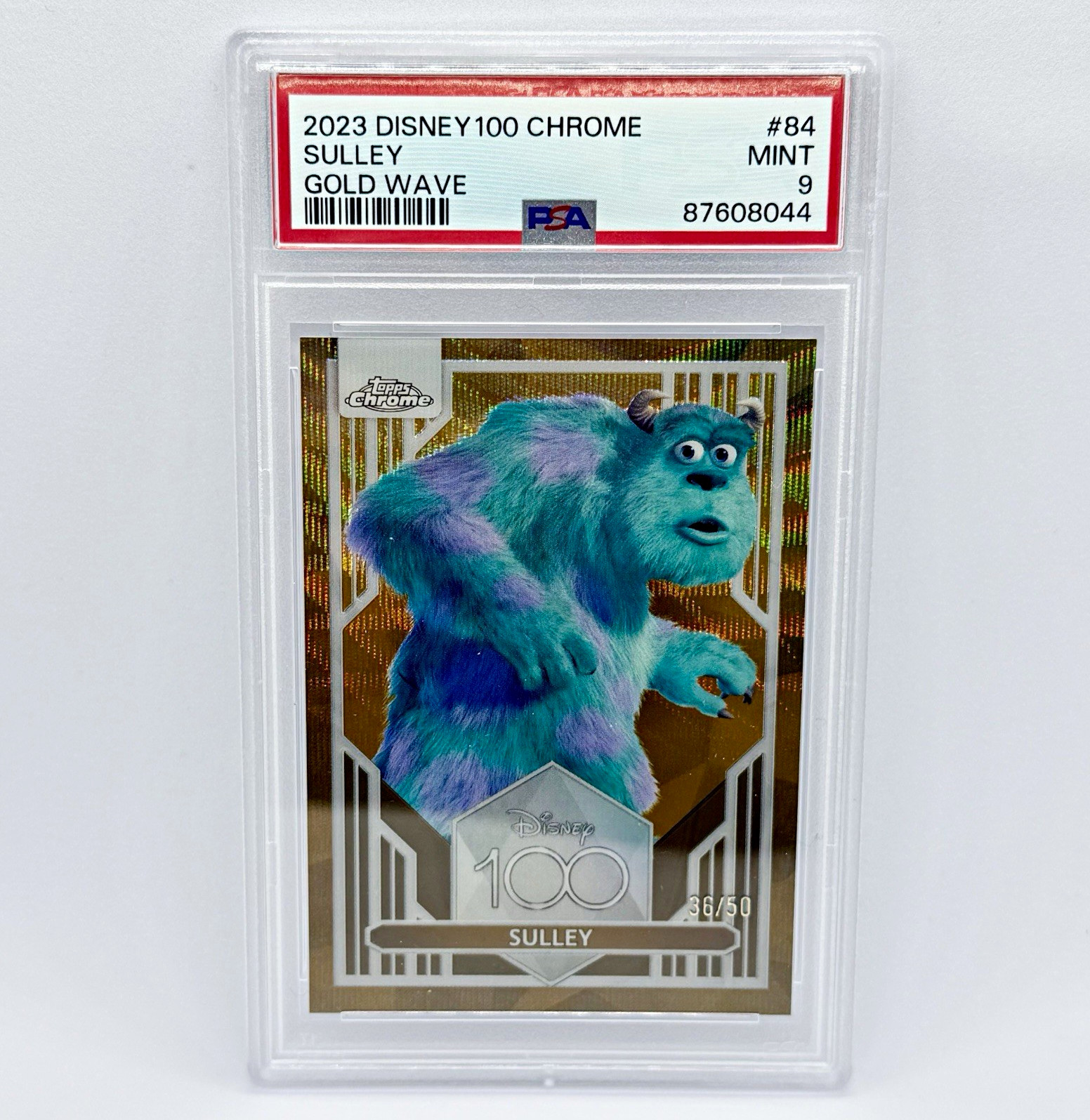 2023 Topps Disney 100 Chrome Sulley Monsters Inc #84 Gold Wave /50 PSA 9