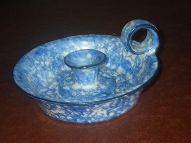 STANGL CERAMIC SPONGEWARE BLUE WHITE GLAZE CANDLE HOLDER CANDLEHOLDER POTTERY