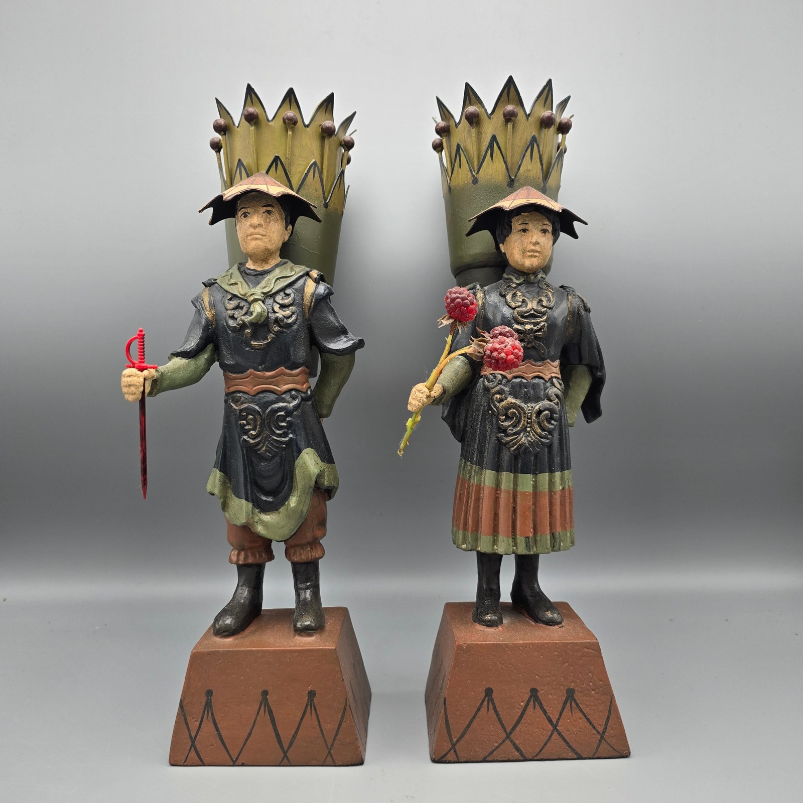 Pair of Vintage Hand-Painted Metal Tole Chinoiserie Male & Female Figure