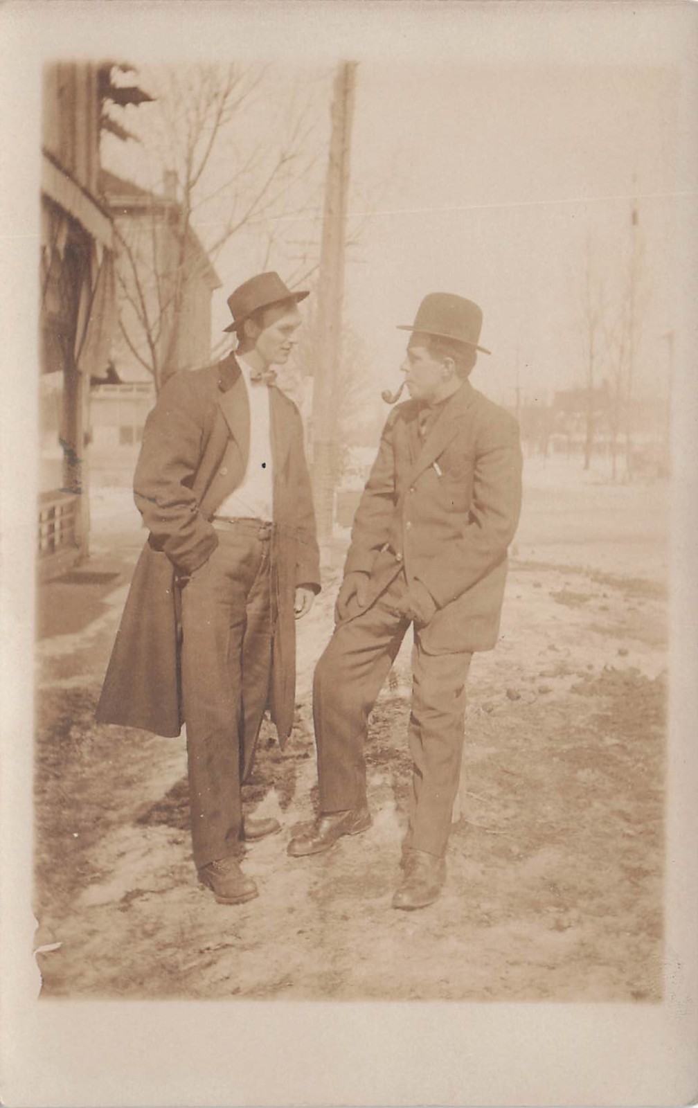 Antique Photo Two Men Bowler Hats Smoking Pipe Street Portrait RPPC Postcard 7A