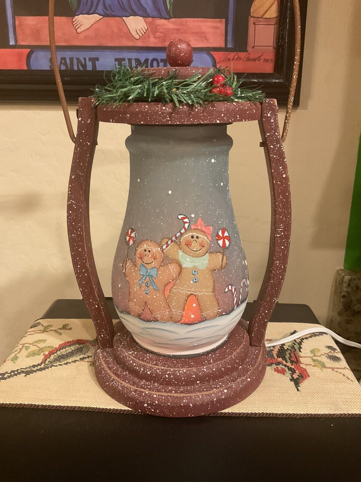 Vintage Gingerbread Christmas Flickering Lantern 15” Tall With Handle