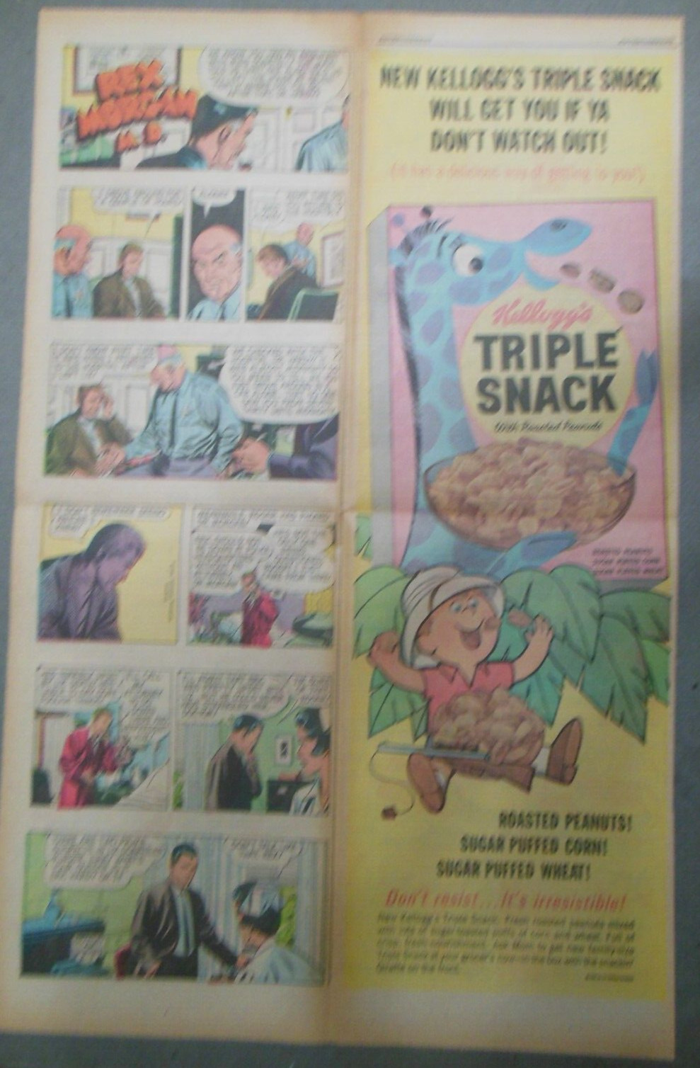 Kellogg\'s Cereal Ad: Kellogg\'s Triple Snack Cereal 1965 Size: 15  x 22 inches