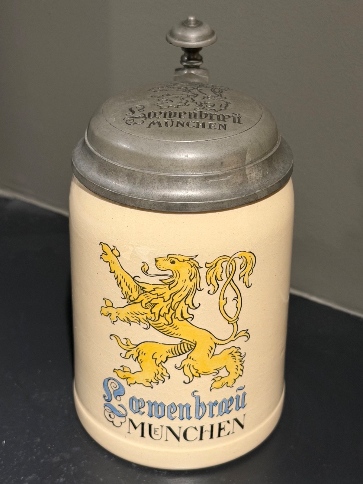 Antique 1910s–30s Lowenbrau Löwenbräu München 0.35L German Beer Stein Pewter Lid