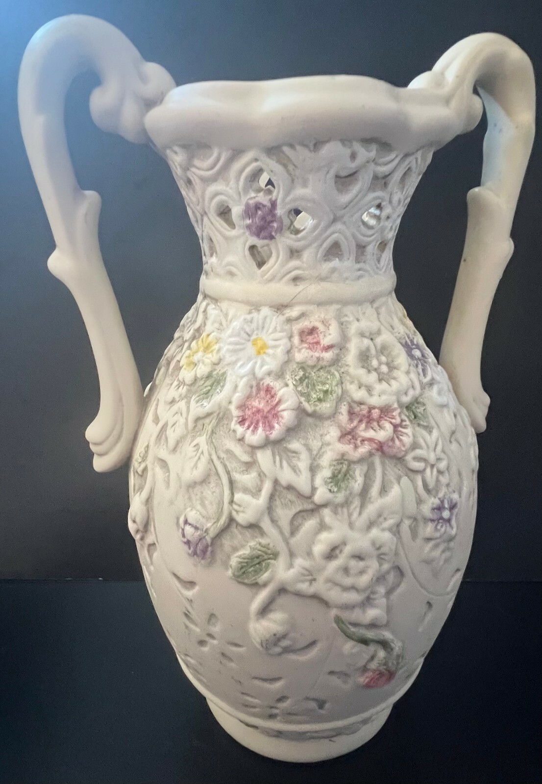 Pastel Embossed Flowers on Vase with Handles 