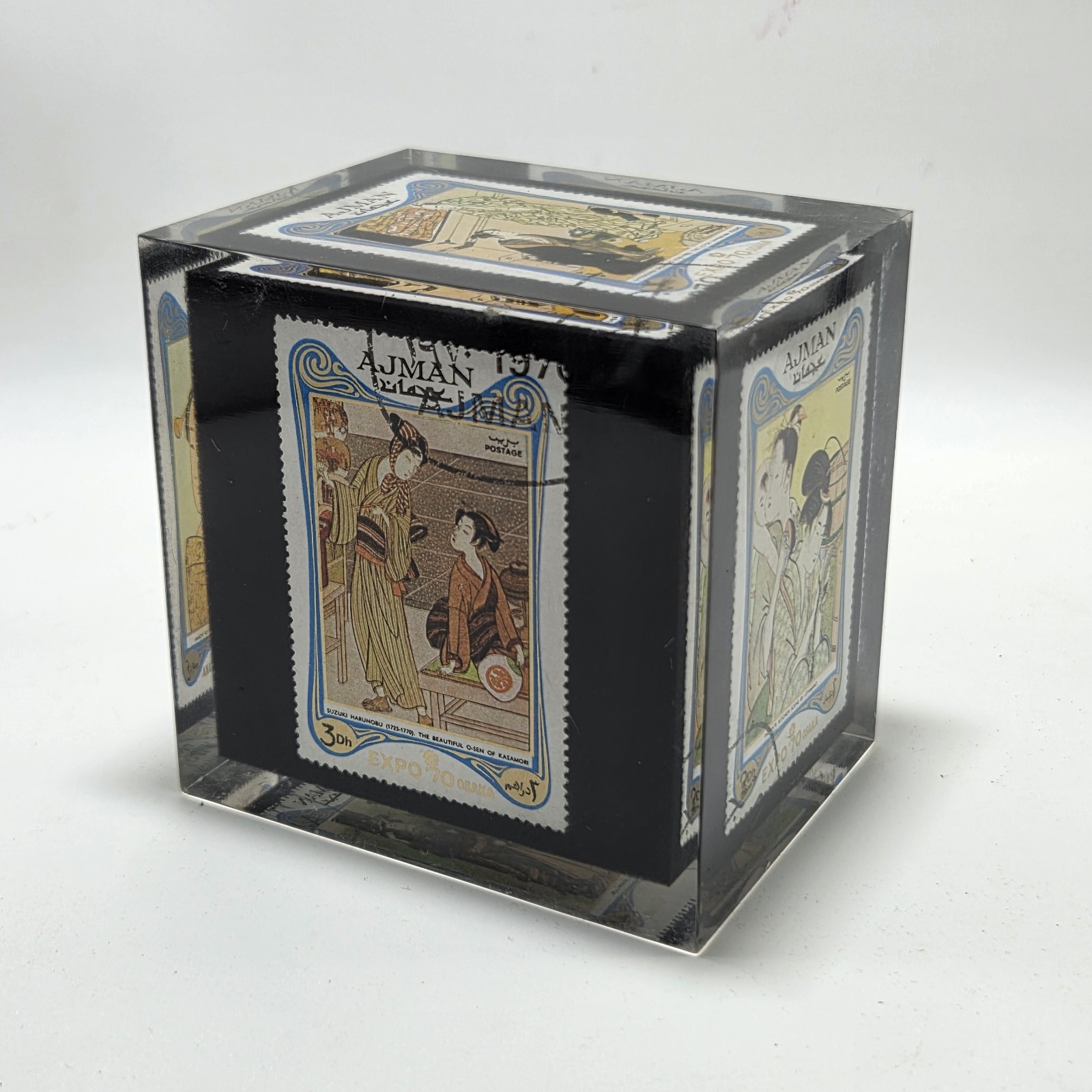 Vintage 1970 Ajman Stamps Expo Osaka Lucite Paperweight Japanese Men Women