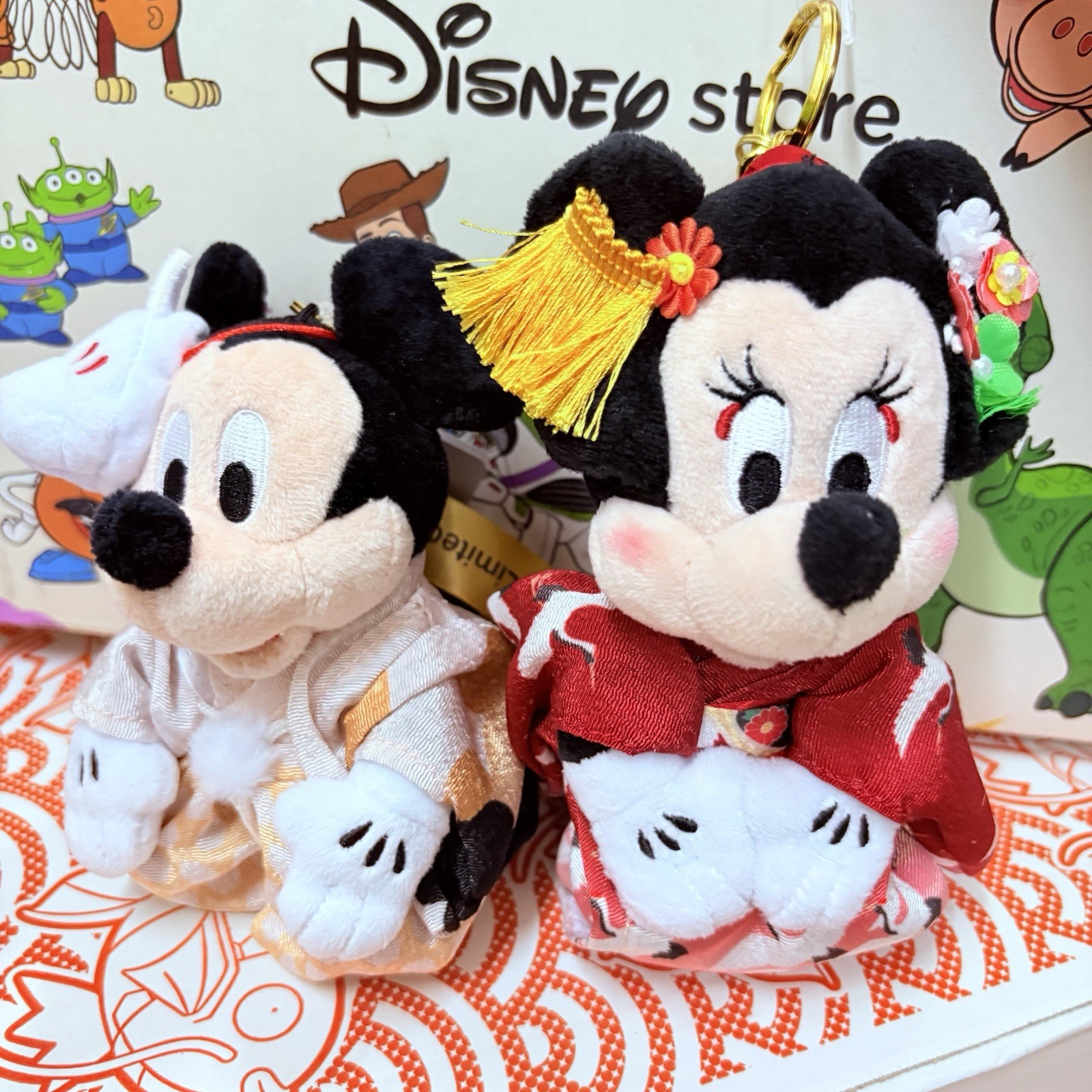 Disney Store Japan Kyoto Limited Mickey Minnie Kimono Plush Keychain Set 2pc