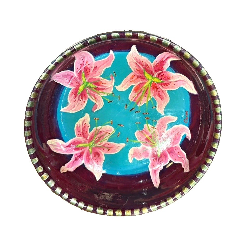 Vintage Mexican Folk Art Hand-Painted Pottery Bowl Pink Lilies Floral Signed