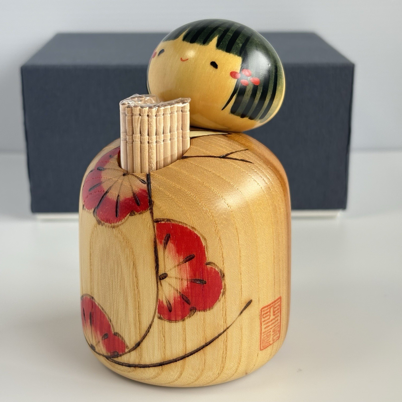Vintage Usaburo Kokeshi Doll Japanese Folk Art Cute Girl Wooden Toothpick Holder