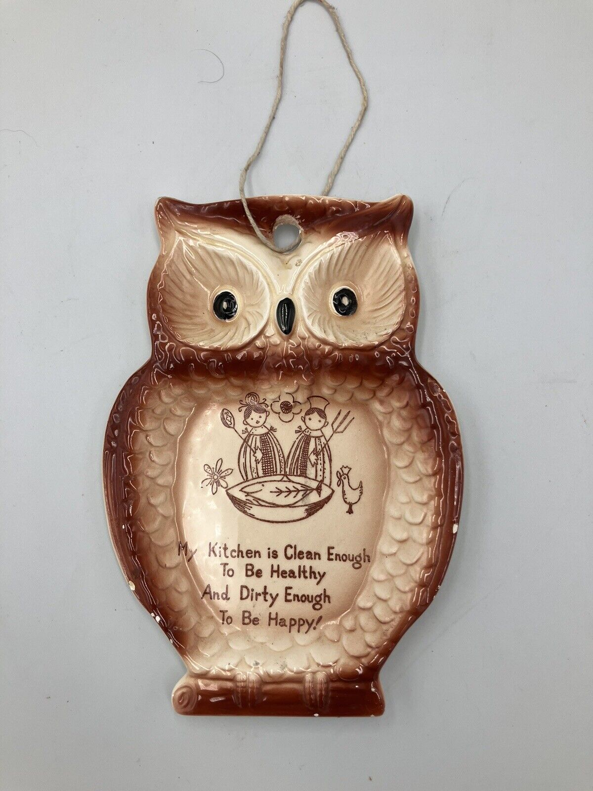 Vintage 1960s Owl Spoon Rest, Hanging, with Nostalgic Verse