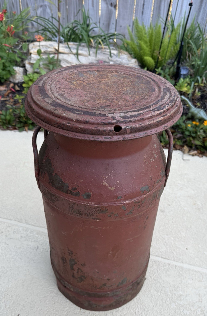 Vtg Metal Bordens Milk Can with Lid Farmhouse Decor Rustic Red Patina – 21” Tall