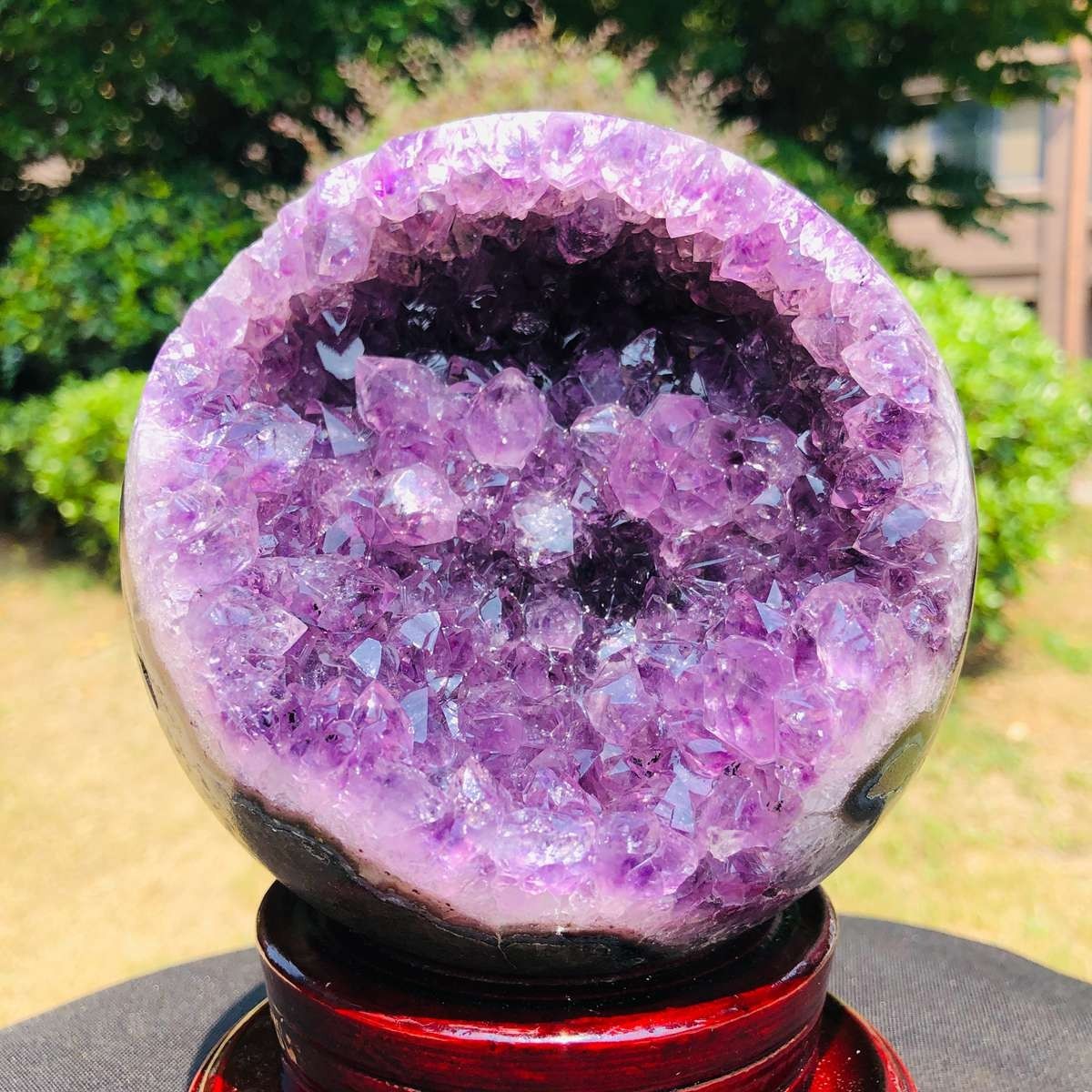 4.55 LB Natural Agate Sphere with Amethyst Geode Druzy, Open Mouth Crystal Ball