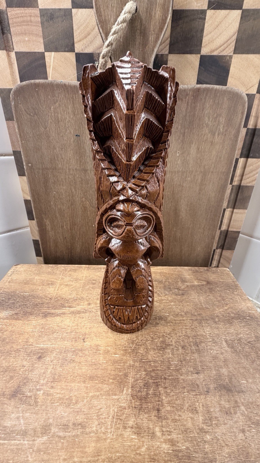 Vintage Coco Joes Kane Tiki Statue God of Health Happiness Hawaii Hapa Wood