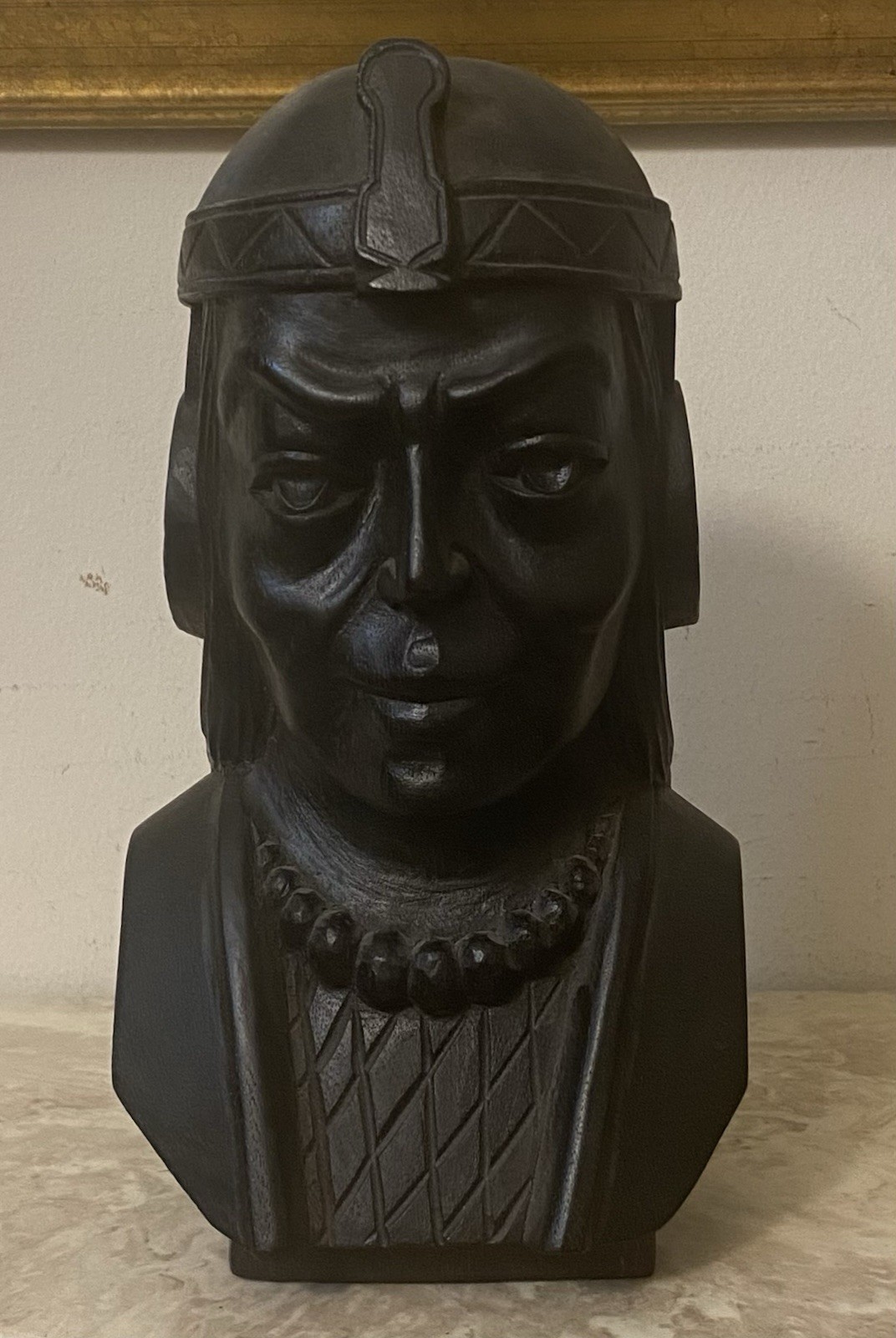Vintage Signed Atahualpa Hand Carved Wood Bust Incan Andean Man Statue 8” Tall