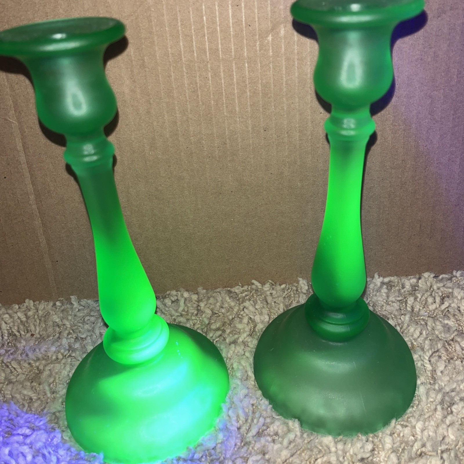 Pair Of Vintage Green Glass Candleholders UV Reactive Glow