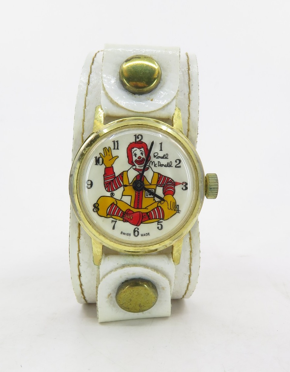 Vintage c1970s Ronald McDonald Swiss Wristwatch Leather Band in Promo Case