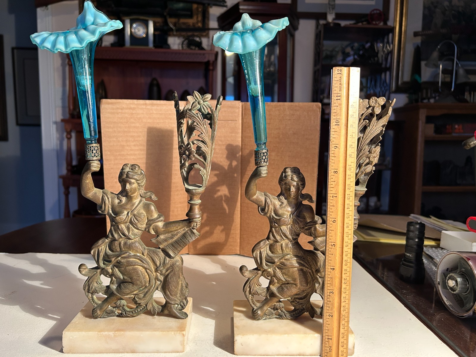 Pair of Antique Greek Women Bronze Girandole Figural Epergnes w/ Blue Vases