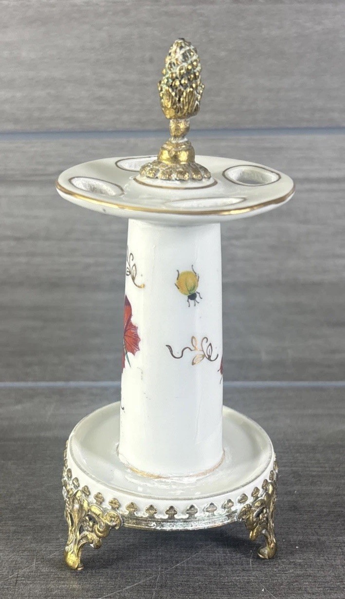Herend Hungary Queen Victoria Porcelain Candlestick Holder Brass Base VBO Gilt