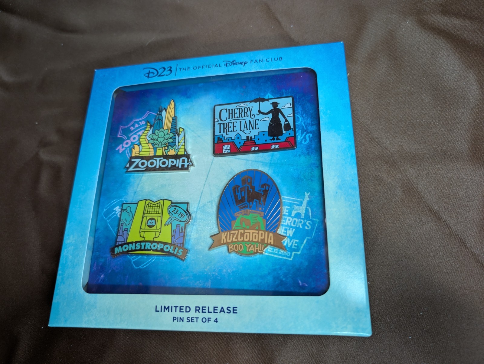 2020 D23 Disney Fan Club Fantastic Worlds 4 Pin Set Zootopia Monstropolis Cherry