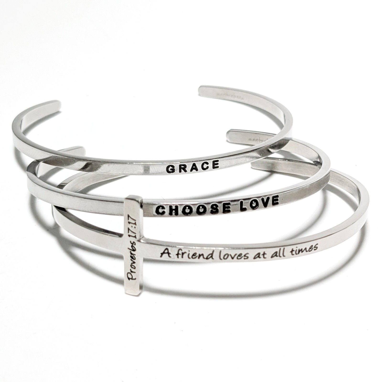 Mantraband (2) Choose Love Grace Stainless Steel cuffs (1) Proverbs cuff USED