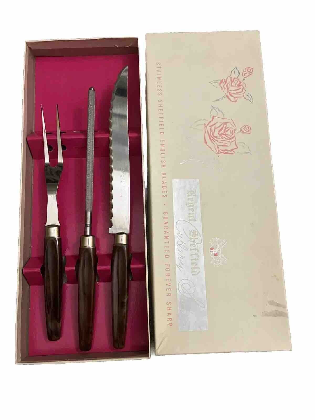 Vintage Regent Sheffield Cutlery Set Carving Stainless Blade Forever Sharp BROWN