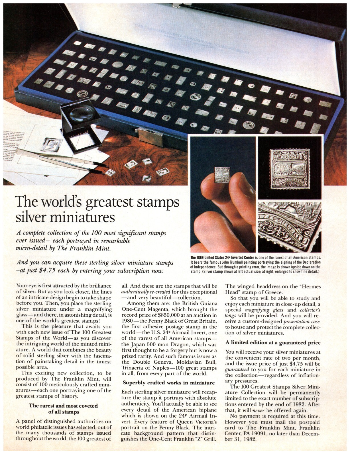 1983 PRINT AD, Franklin Mint World\'s Greatest Stamps Silver Miniatures Inverted