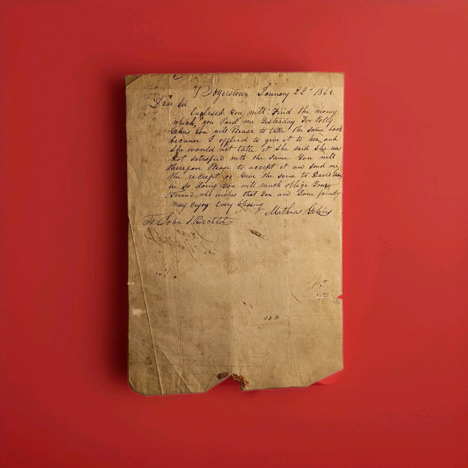 1842 Boyertown PA Gehris Letter to John S Bechtel Bechtelsville Founder