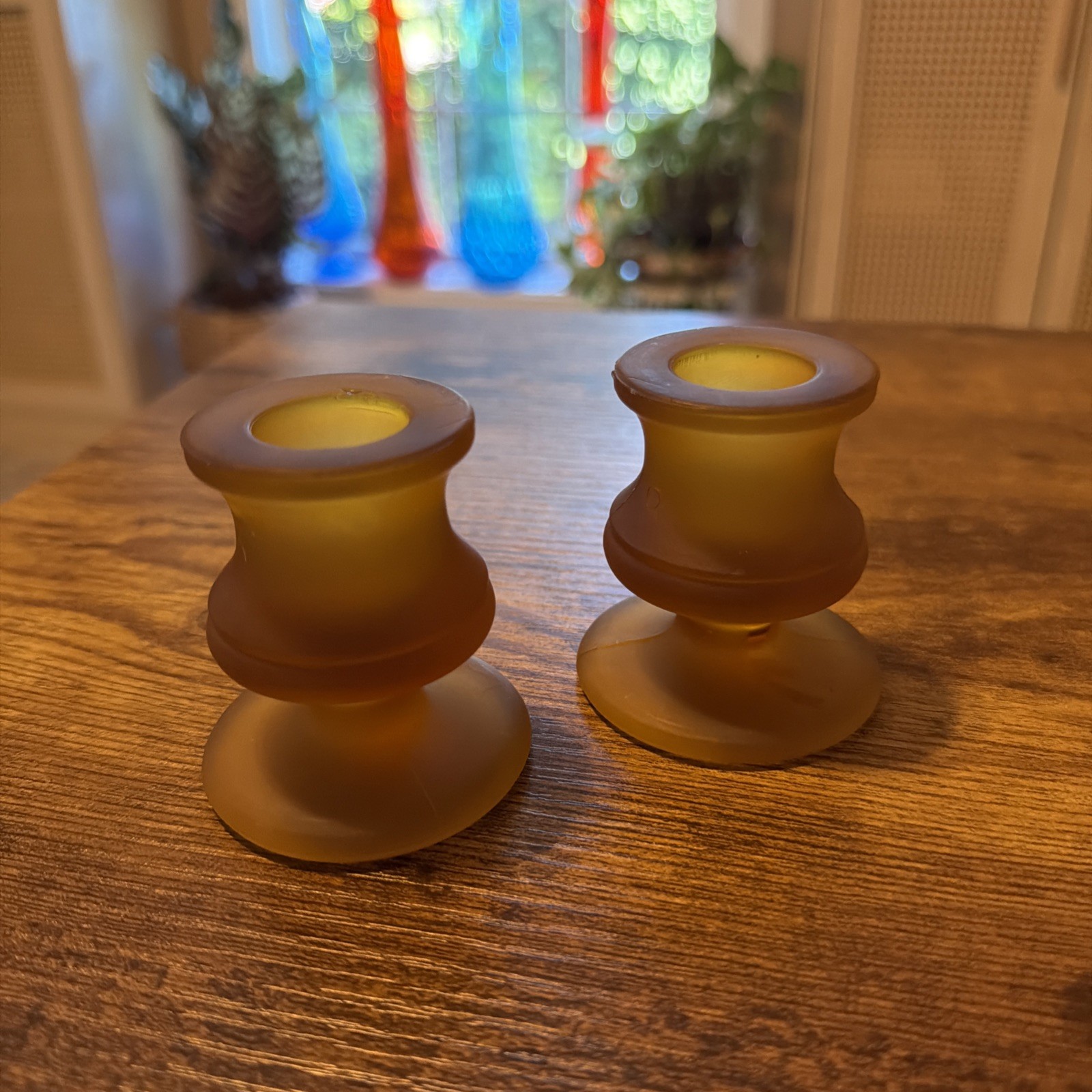 Vintage Unbranded Amber Satin Frosted Glass Candle Holders