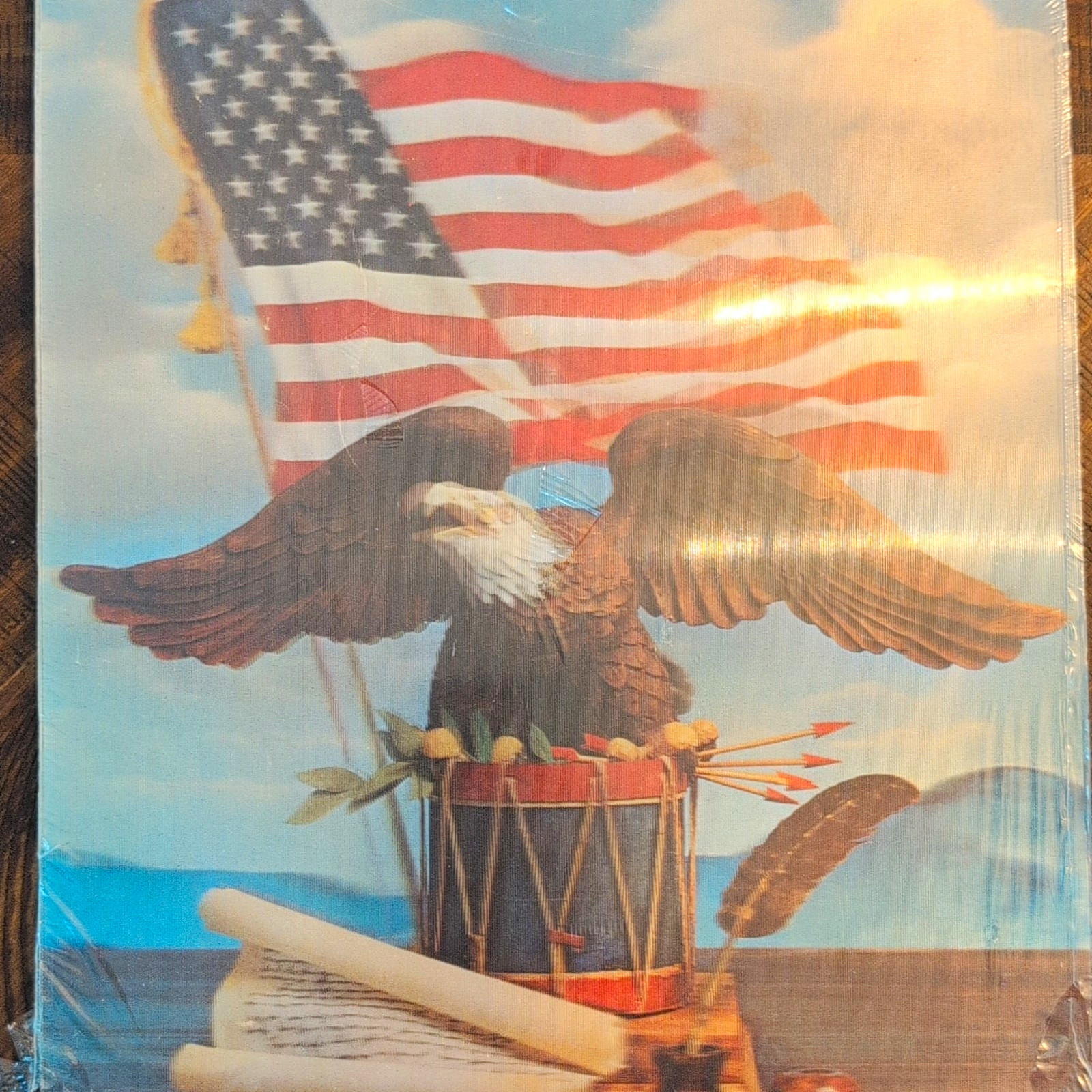 Vintage Vari-Vue 3D Lenticular Print 11x14 NOS Sealed Bald Eagle Flag Drum G-35