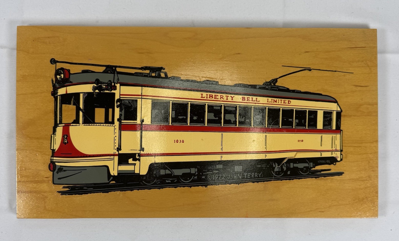 Vintage 1972 Liberty Bell Limited Trolley Wooden Picture John Terry 14x7 PA 70s