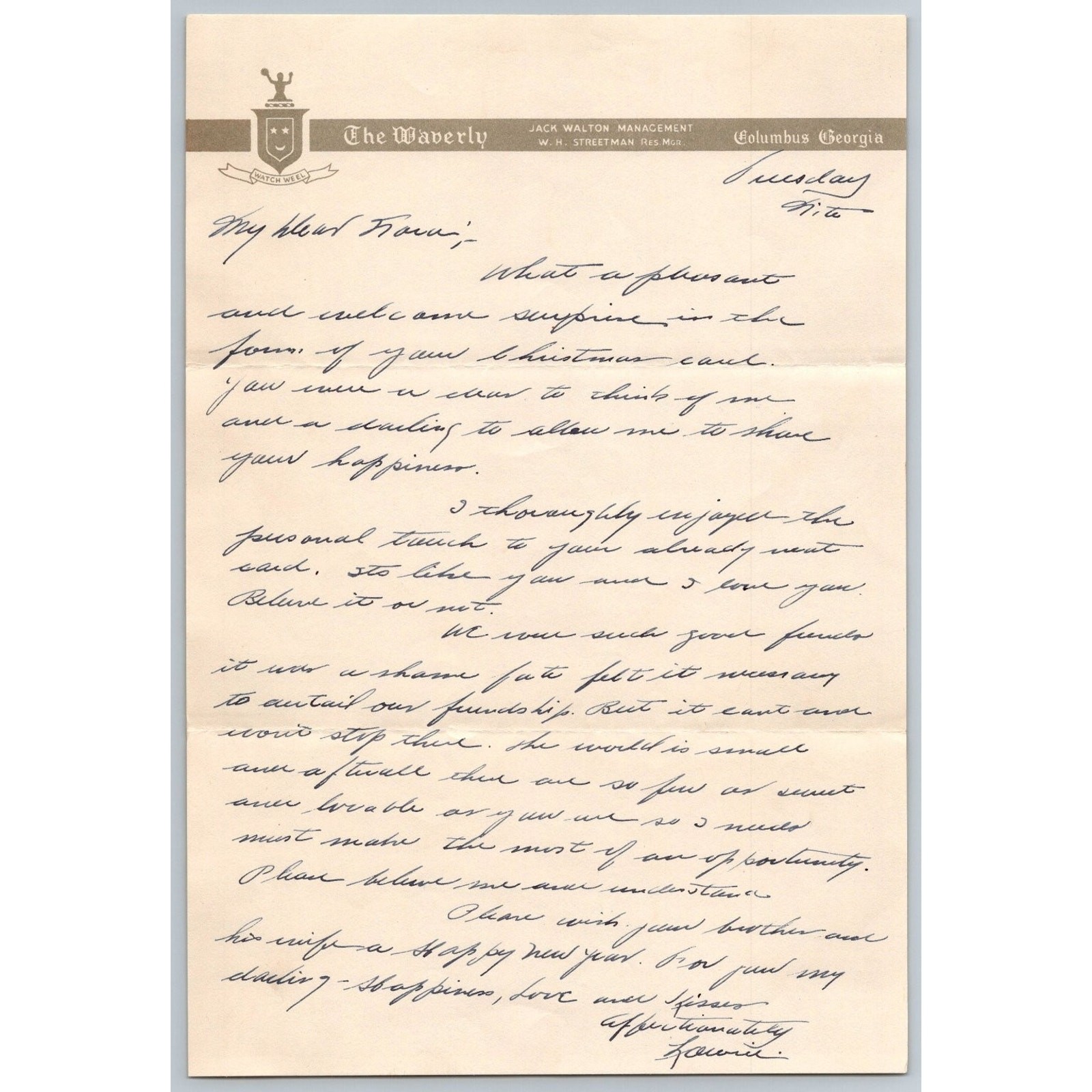 1936 Handwritten Letter The Waverly Columbus Georgia Hotel Stationery Letterhead