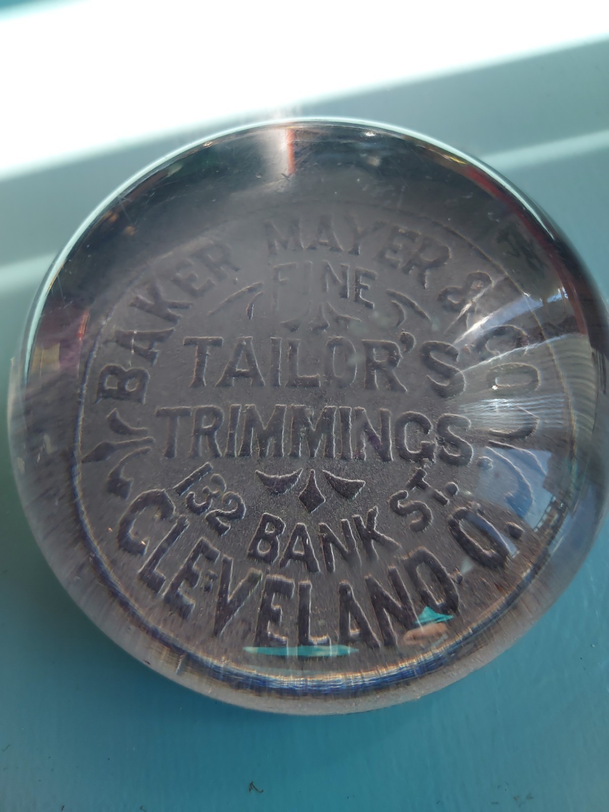 Antique Glass Paperweight Advertising Baker Mayer Tailor's Trimmings Cleveland