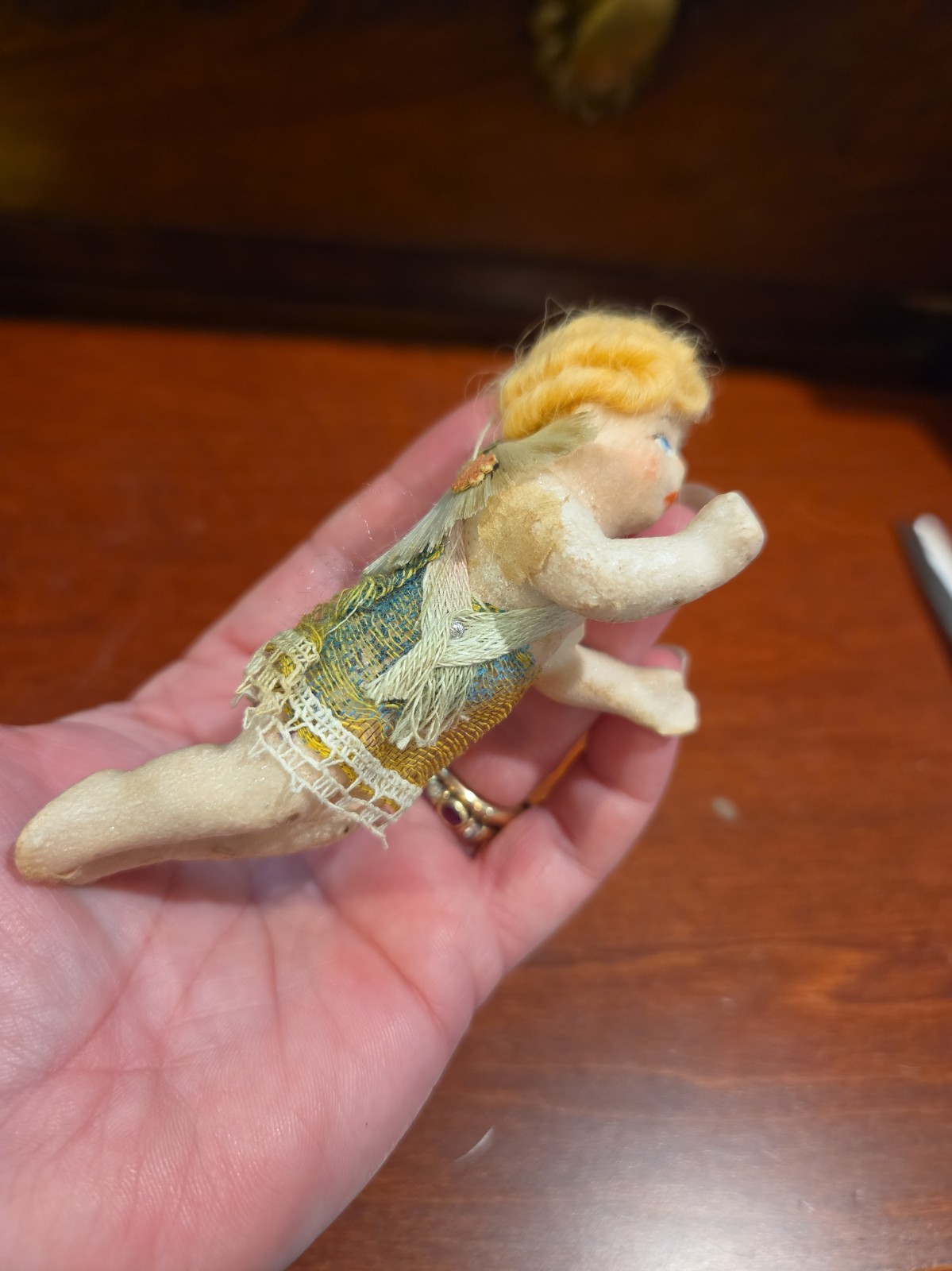 Antique German Wax Angel Cherub Ornament Spun Glass Wings Mohair Wig Victorian