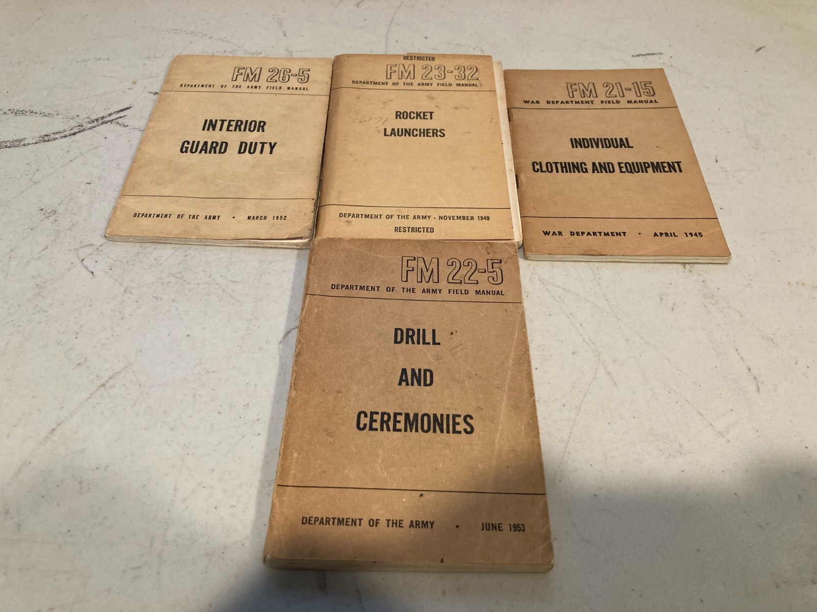 4 Vintage US Army Field Manuals 1945-1953 Rocket Launchers Drill Guard Clothing