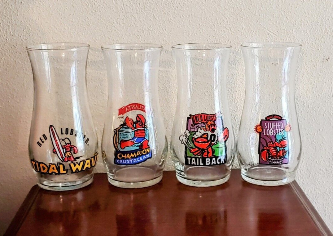 Red Lobster Vintage Hurricane Glasses, 18 oz. Colorful, Whimsical Painted Design