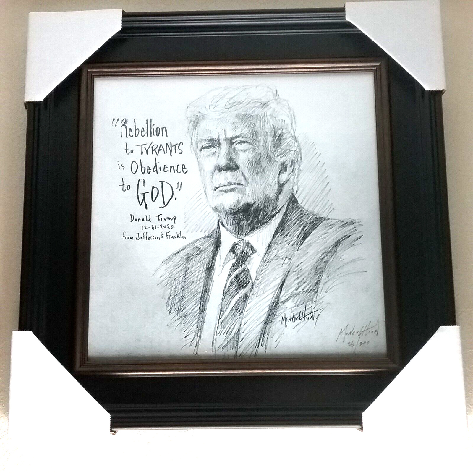 Donald Trump Drawing Personal Message Signed Dated 2020 Custom Frame 23/200