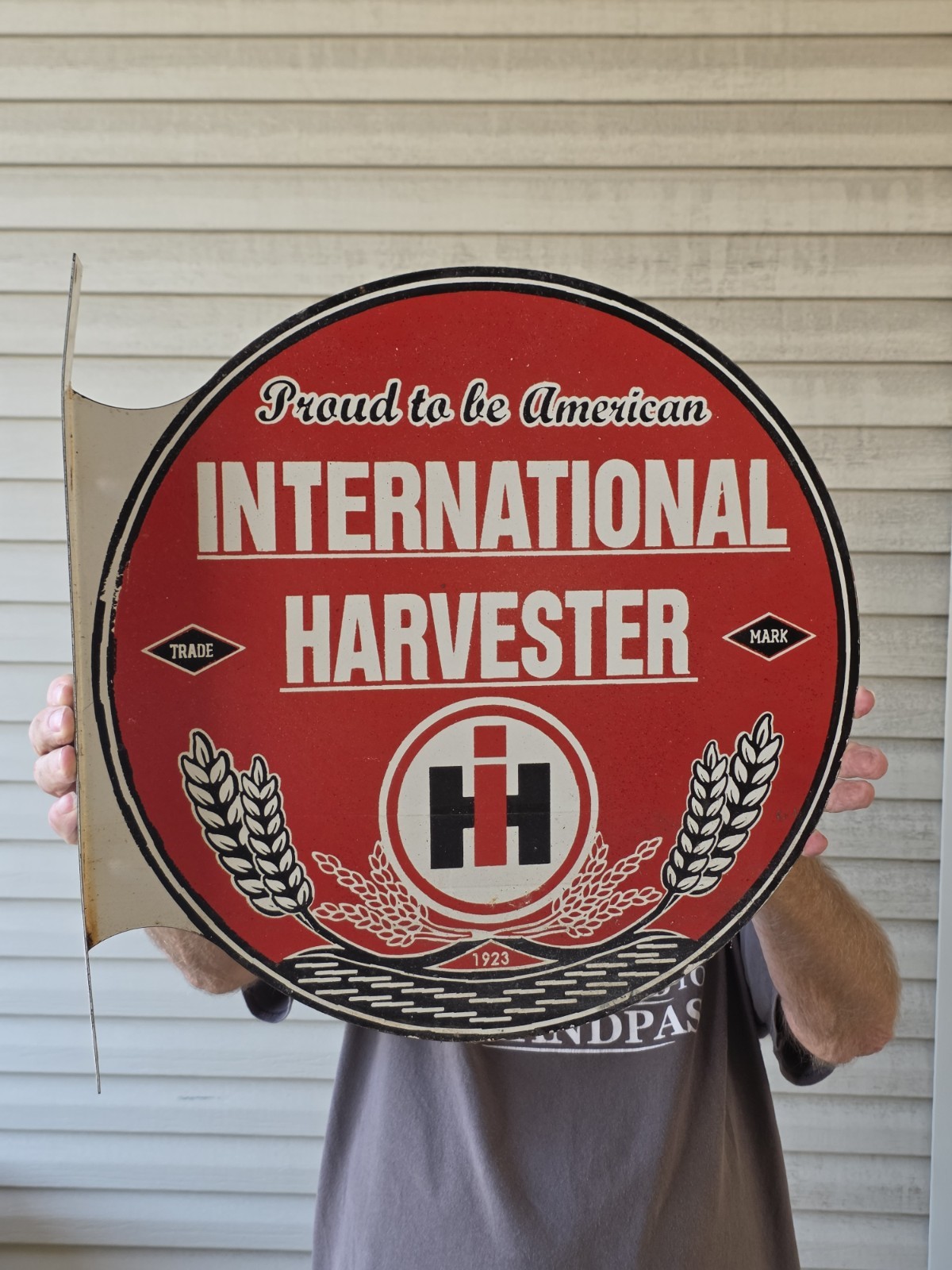 LARGE VINTAGE INTERNATIONAL HARVESTER DOUBLE SIDED FLANGE PORCELAIN SIGN 17x17