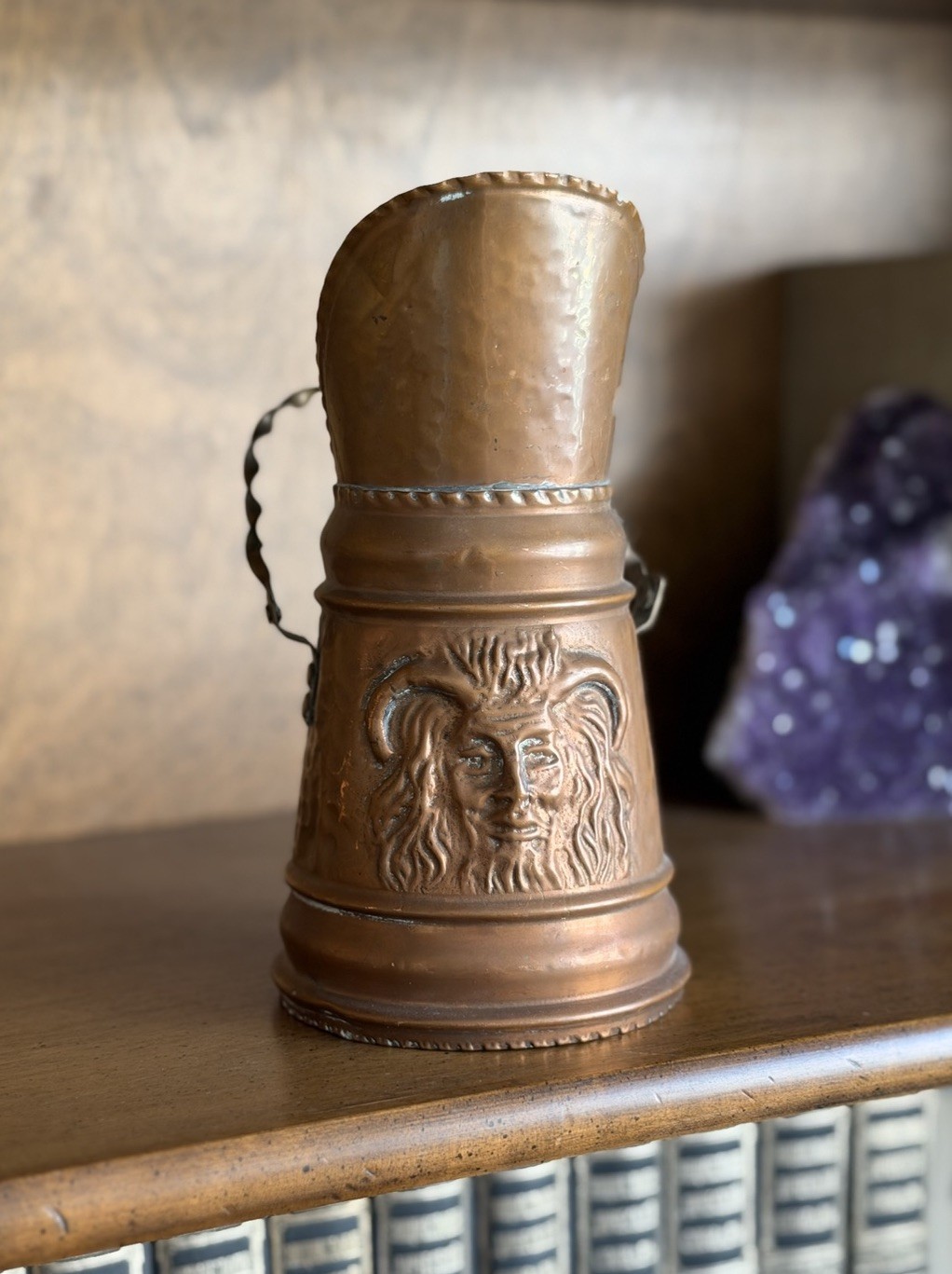 Vintage Hammered Copper Coal Scuttle Satyr Faun Mask Fireplace Hod Bucket 8”