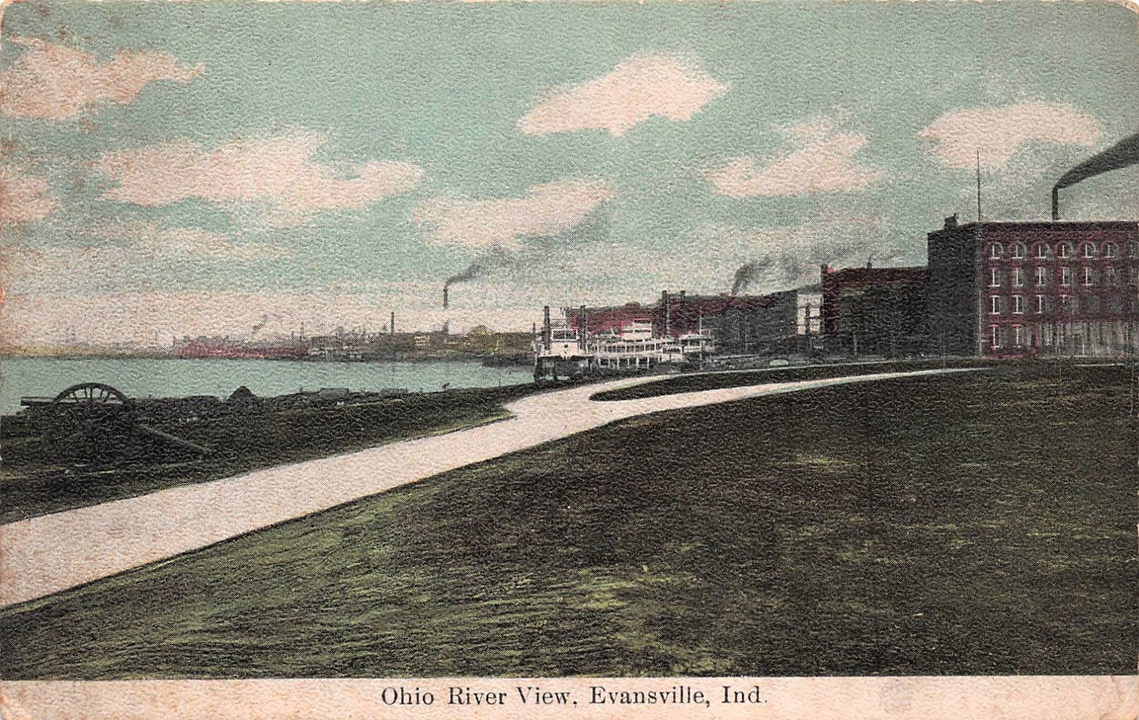 Evansville IN Indiana Ohio River Waterfront Steamboat Industry Vtg Postcard 17A