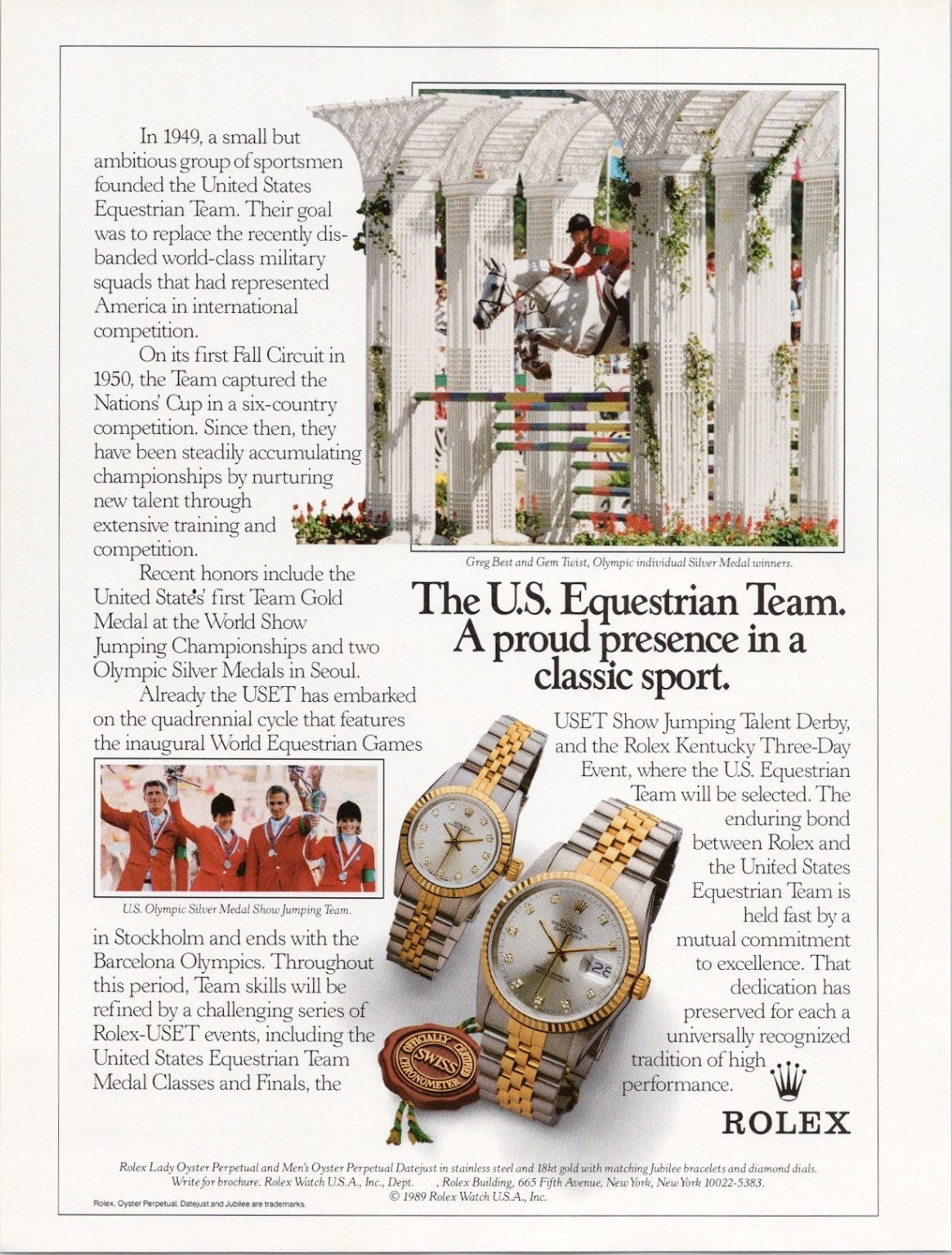 Rolex 1992 Original Print Ad U.S. Equestrian Team Oyster Perpetual Rolex 1992 Original Print Ad U.S. Equestrian Team Oyster Perpetual