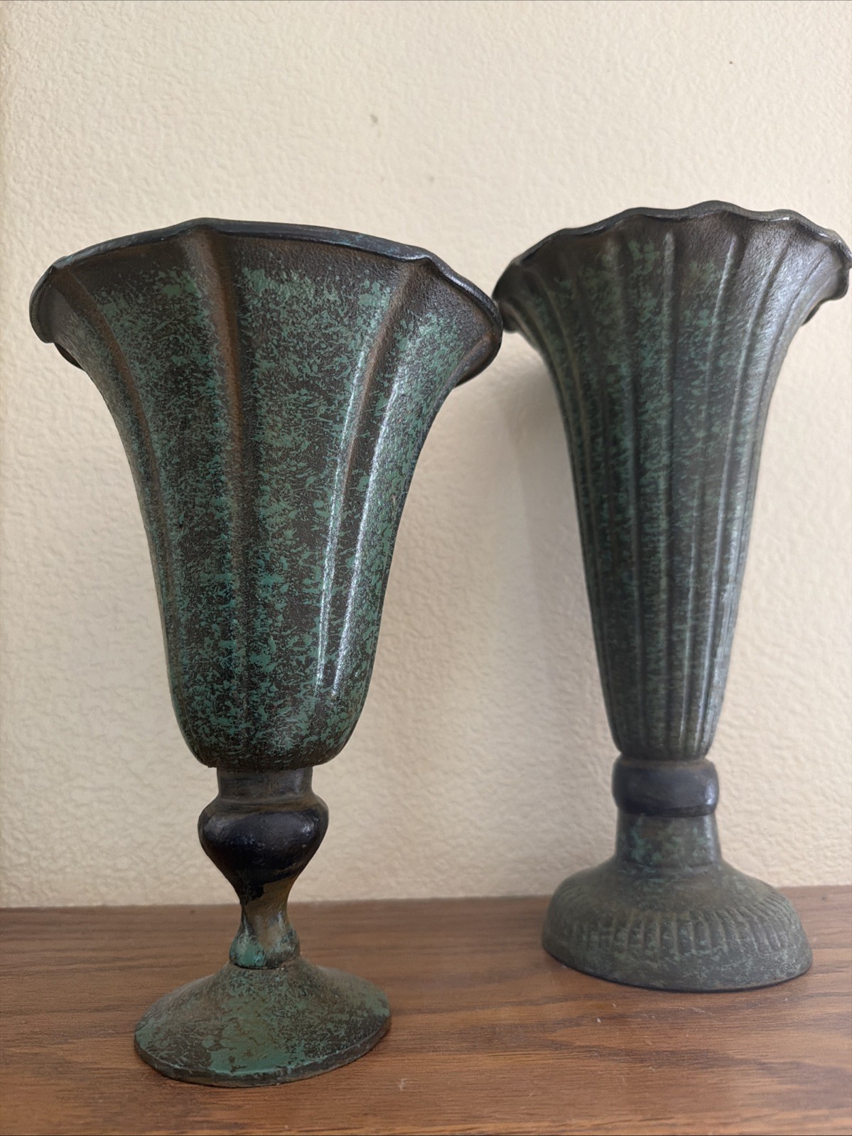 Pair Of Vintage Fluted metal  Vases With Verdigris Patina