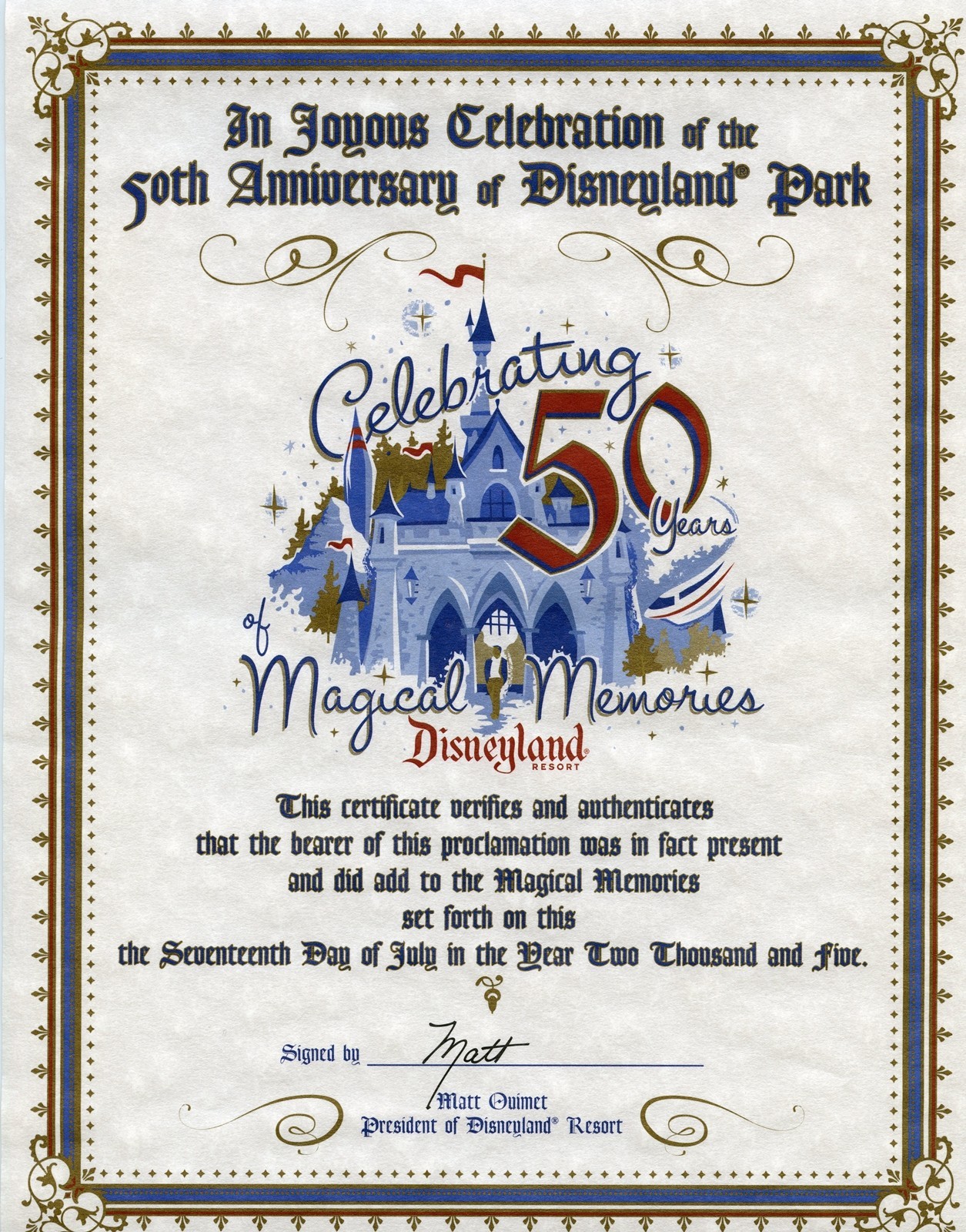 Disneyland Attendence Certificate Celebrating 50 Years of Magical Memories 2005