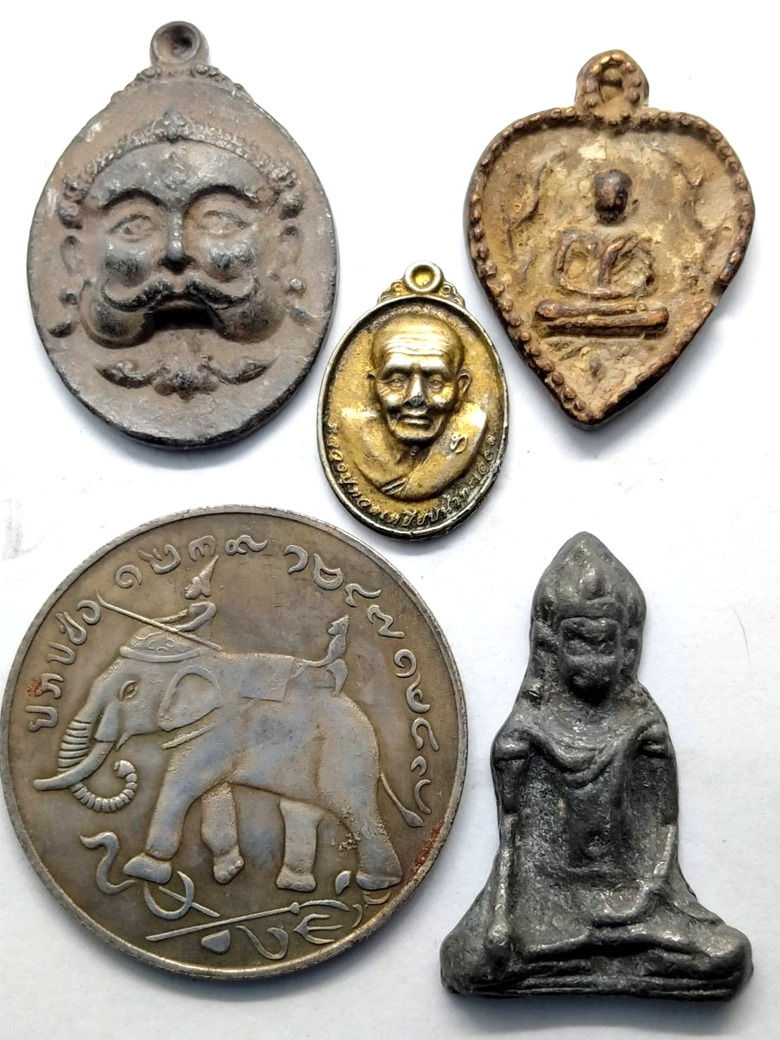 5 Pcs Thai Buddhist Amulet Lot Vintage Antique Bronze Lucky Protection Talisman