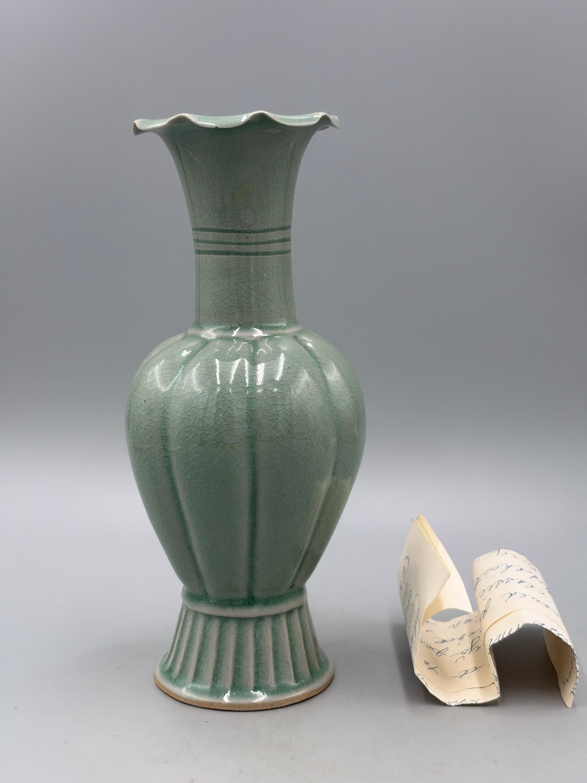 Vintage Mid‑20th Century Korean Celadon Lobed Vase, Goryeo Revival, 8.5\'\' Vintage Mid‑20th Century Korean Celadon Lobed Vase, Goryeo Revival, 8.5\'\'