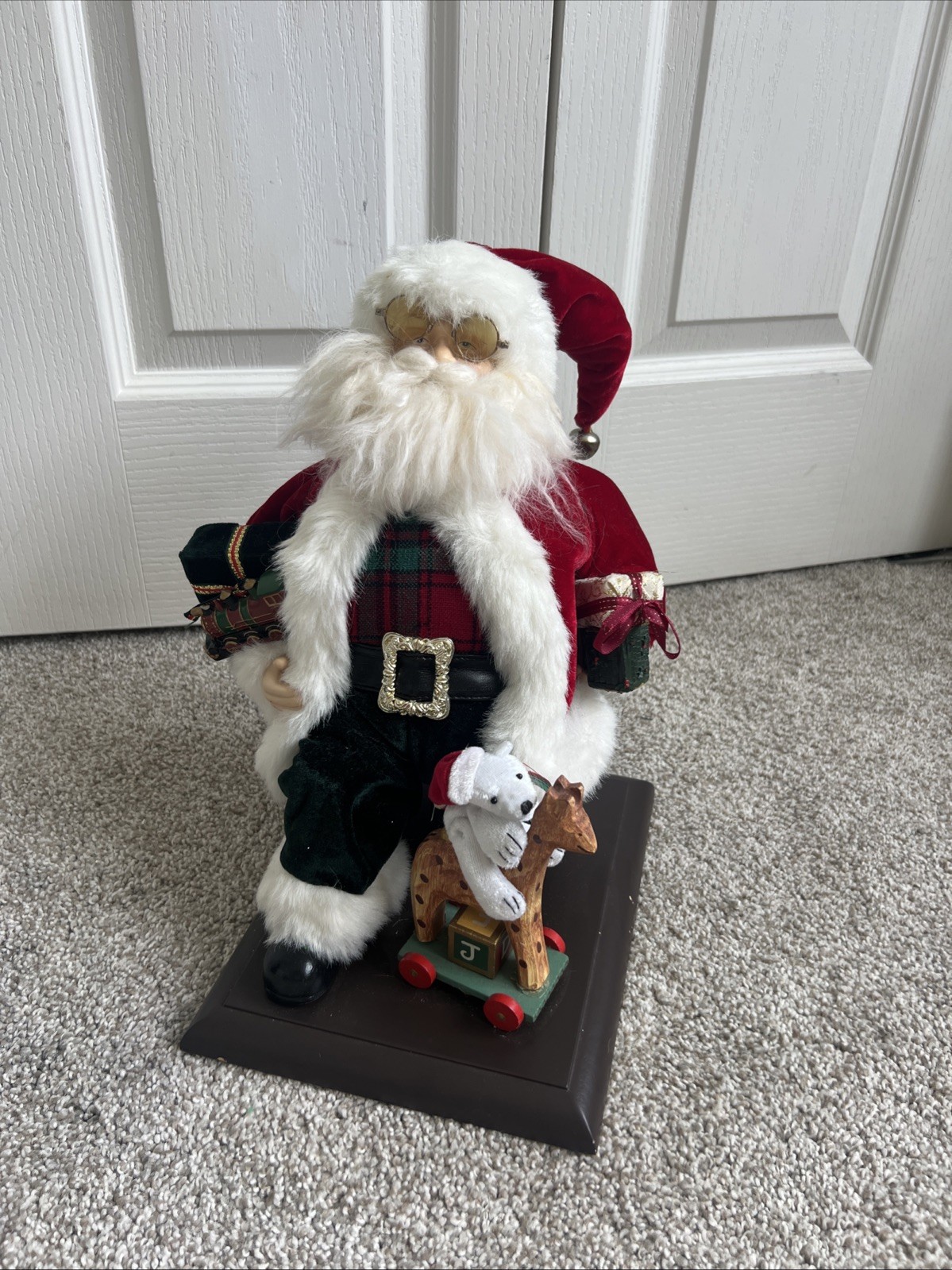Santa Claus Figurine Kneeling Santa with Presents & Toys on a Wood Base 14\ Santa Claus Figurine Kneeling Santa with Presents & Toys on a Wood Base 14\