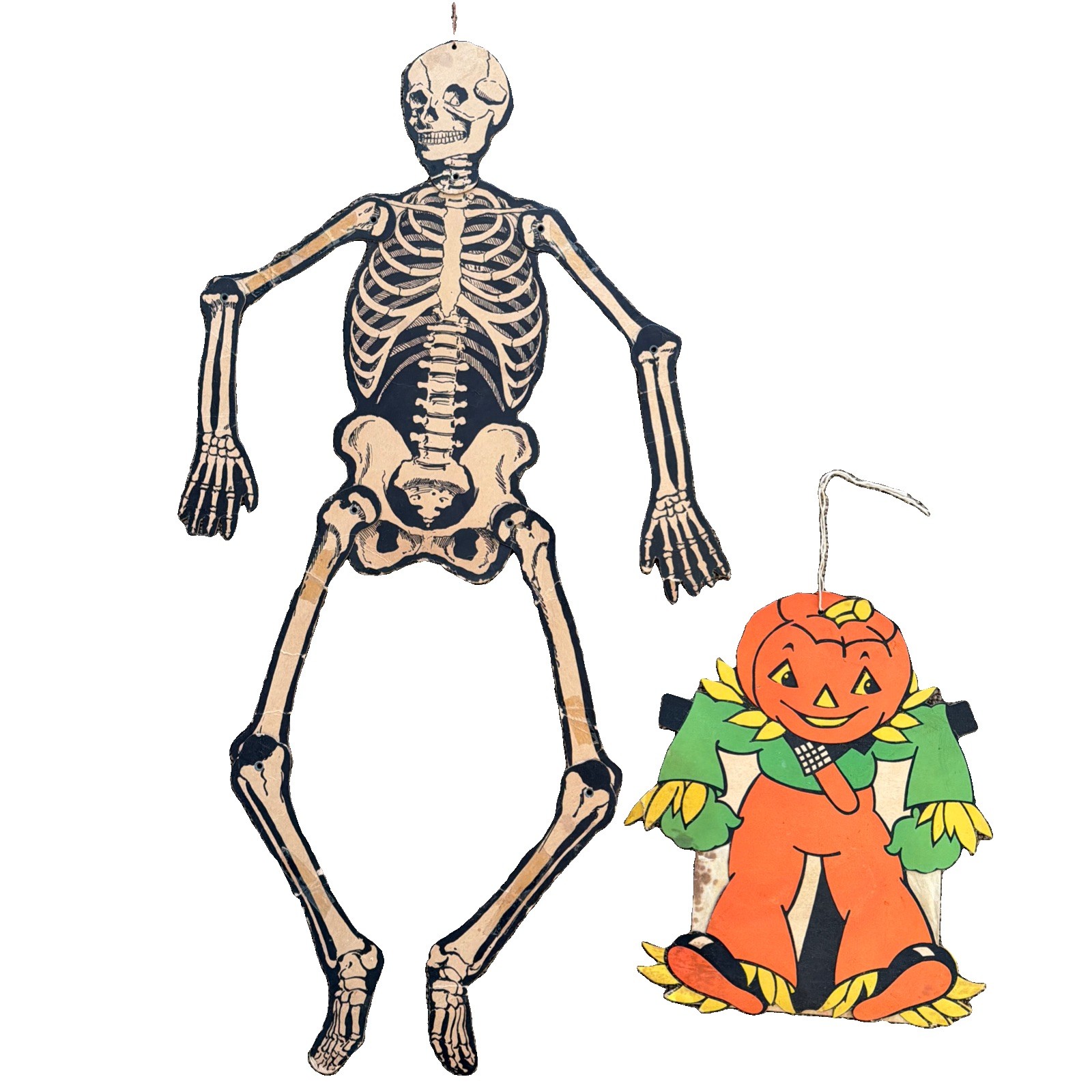 VTG Halloween H E Luhrs Beistle Jointed Skeleton Pumpkin Scarecrow Die Cut 1940s