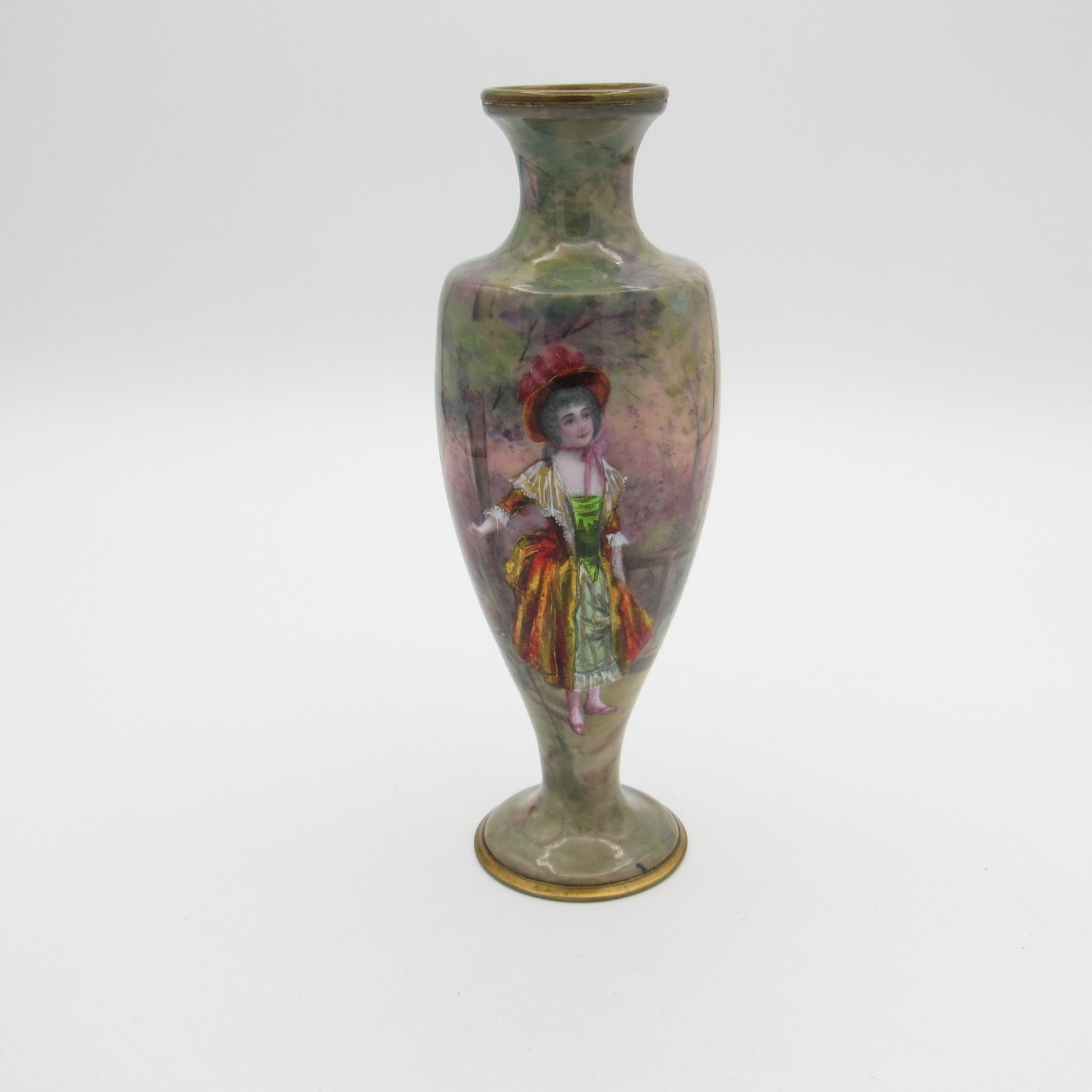 Antique French Scenic Enamel Vase with Woman in Bonnet Walking in the Woods